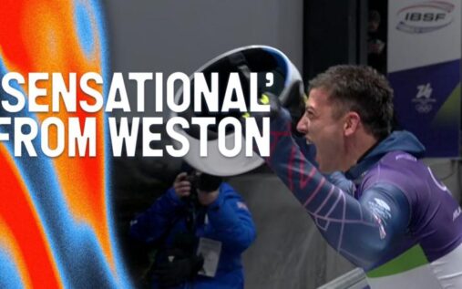 Matt Weston of Team GB competing on the skeleton track during the Winter Olympics