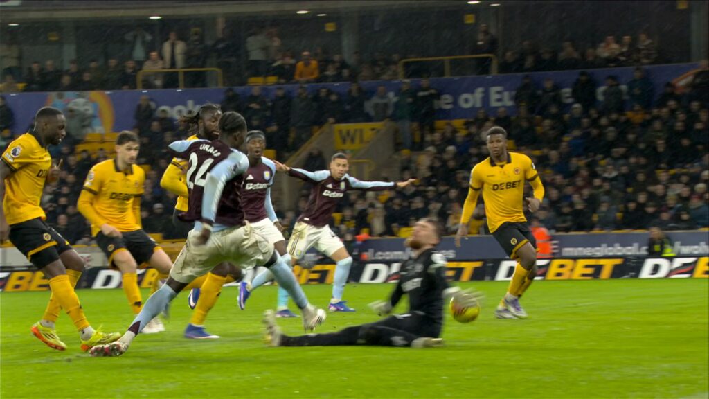 Wolves goalkeeper Jose Sa diving to make a save during the match against Aston Villa