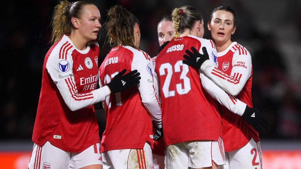 Arsenal Women players celebrating a goal during a Women's Champions League match against OH Leuven