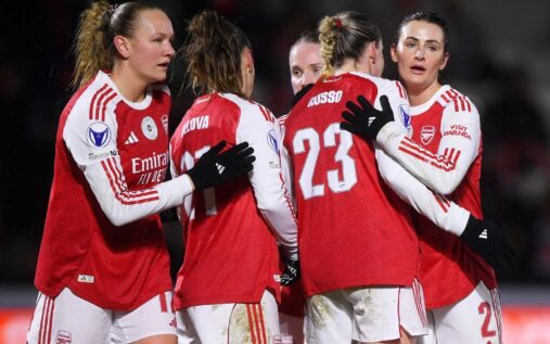 Arsenal Women players celebrating a goal during a Women's Champions League match against OH Leuven