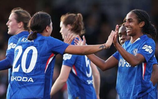 Chelsea defender Naomi Girma celebrates scoring the winning goal against Manchester United in the Women's FA Cup