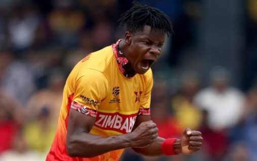 Zimbabwe cricket players celebrating a wicket during the T20 World Cup