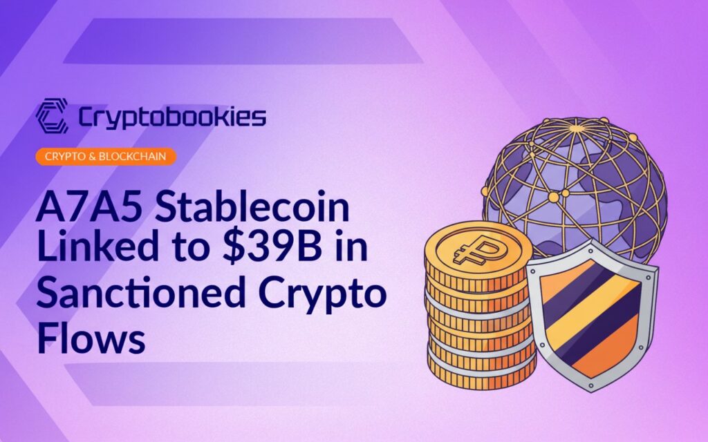 Stack of ruble coins next to a networked globe and a shield with a yellow and black warning stripe.