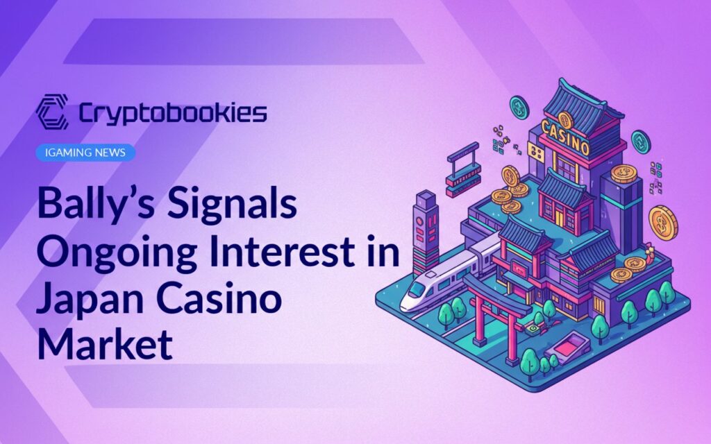 Bally’s logo overlaid on a map of Japan with casino chips and playing cards scattered around.