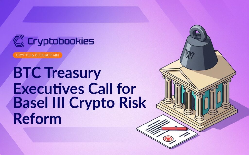 Classical bank building beside oversized metal weight resting on a stamped document marked with a red pen