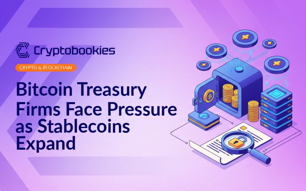 Digital vault holding stacked Bitcoin coins, nearby server stack with floating discs, and contract under magnifying glass