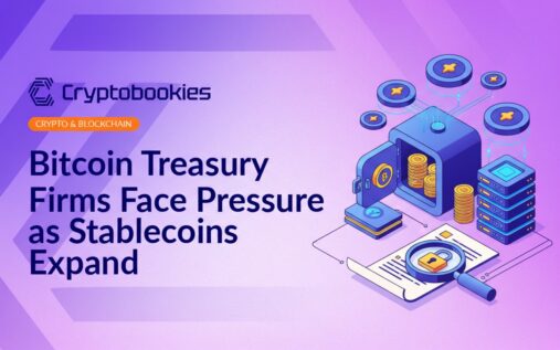 Digital vault holding stacked Bitcoin coins, nearby server stack with floating discs, and contract under magnifying glass