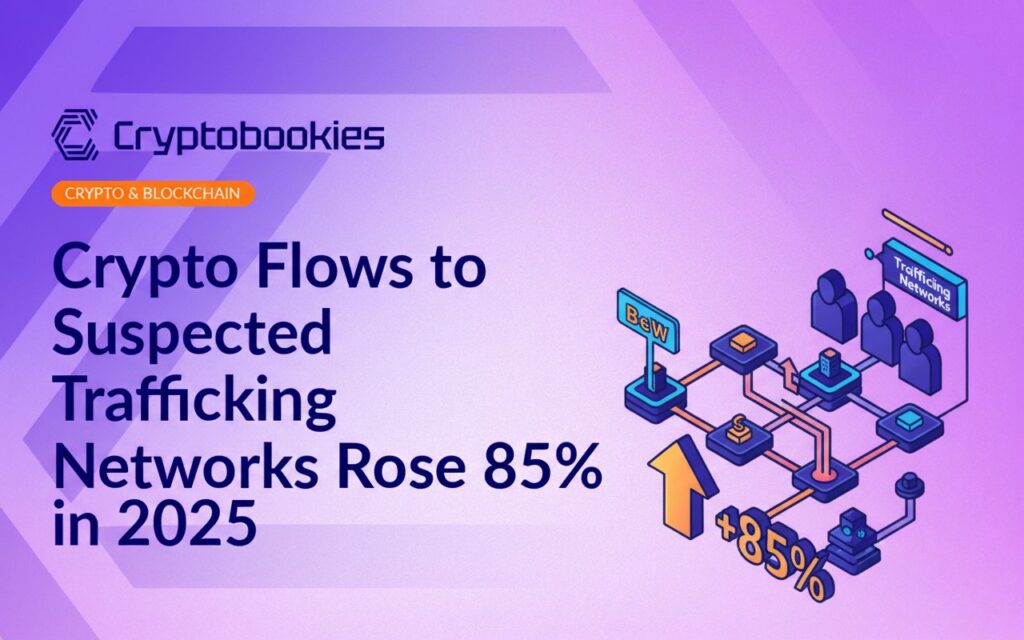 Dark background with glowing orange and blue blockchain icons connected by lines around a magnifying glass focusing on a bitcoin symbol.