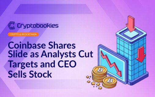 Descending stock chart with red arrow, cracked digital coin stack, and office building with downward arrow sign.