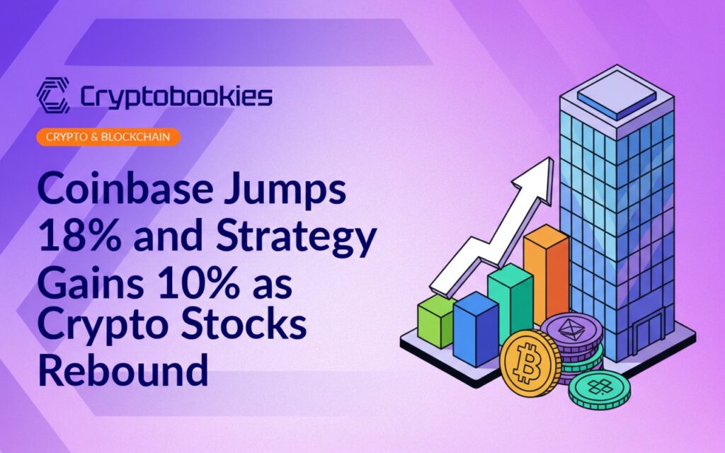 Upward bar chart with bold arrow, stacked digital coins, and modern glass office tower in bright lighting