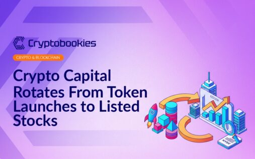 A digital screen displays colorful cryptocurrency icons on the left and stock market graphs with ticker symbols on the right.