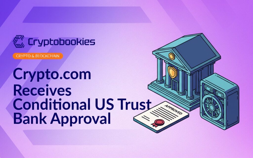 Federal bank building with shield emblem, approved document stamped with seal, and a secure server vault background.