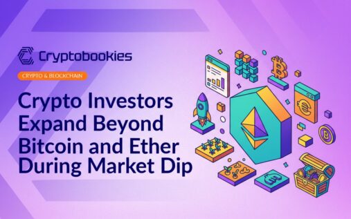 Colorful digital coins labeled with various cryptocurrency symbols floating above a downward trending stock chart.