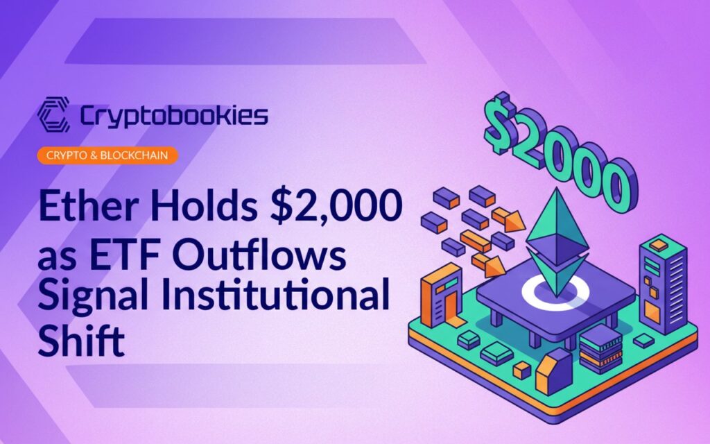 Close-up of a digital screen displaying Ether (ETH) price at $2,000 with downward red arrows and stock market charts.