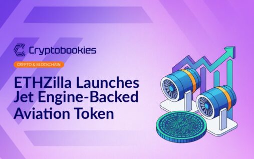 Two jet engines on stands beside a digital token coin with circuit pattern and a rising arrow chart on blue background.