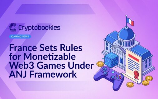 French government building with flag, sealed regulation document, game controller, digital cube, and floating coins.