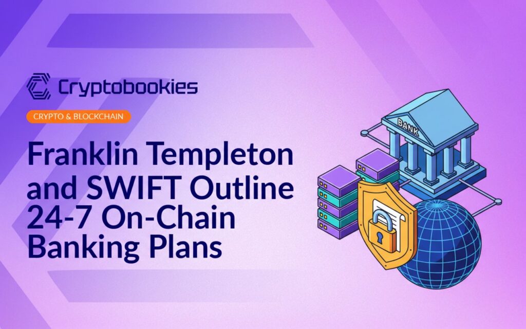 Bank building connected to servers, digital globe with grid, shield, and locked document representing security.