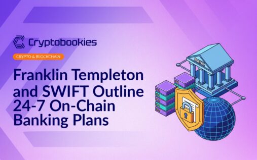 Bank building connected to servers, digital globe with grid, shield, and locked document representing security.
