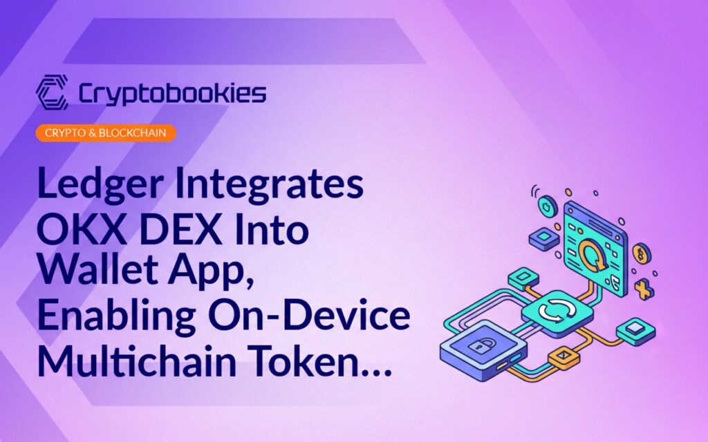Ledger hardware wallet next to smartphone displaying OKX decentralized exchange interface with blockchain symbols.