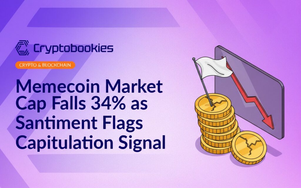 Stack of cracked gold coins with a white surrender flag planted among them, alongside a downward red arrow on a chart board.