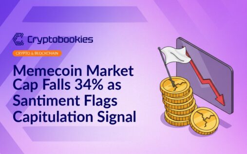 Stack of cracked gold coins with a white surrender flag planted among them, alongside a downward red arrow on a chart board.