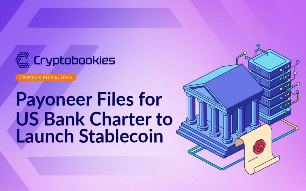 Classical bank building with columns, sealed application document, and a server stack connected by network lines.