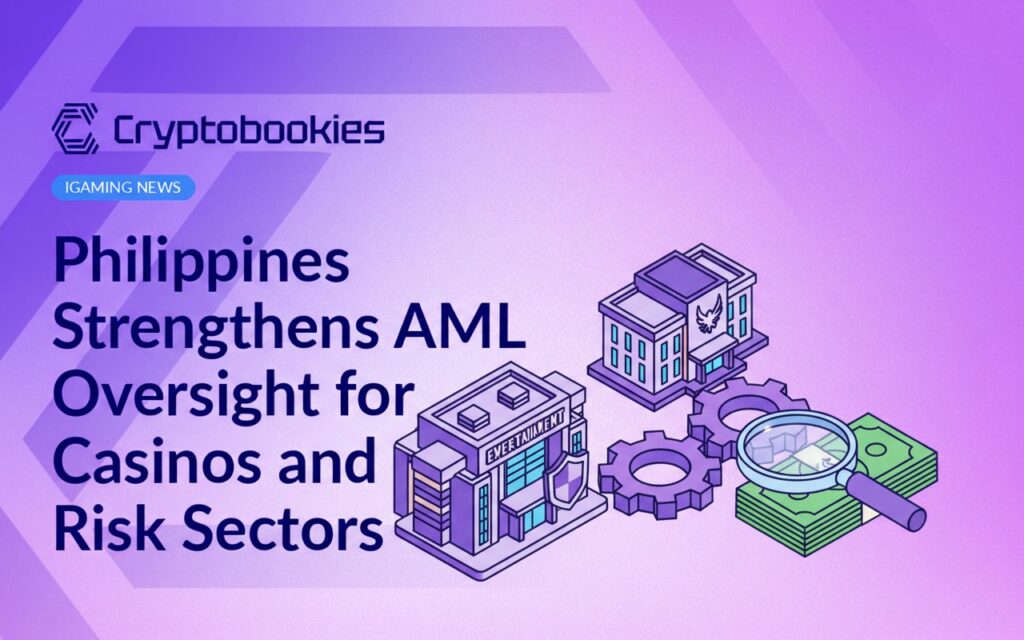 Entertainment building with warning shield, government hall connected by gears, cash stack under magnifying glass.