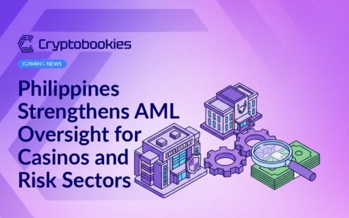 Entertainment building with warning shield, government hall connected by gears, cash stack under magnifying glass.