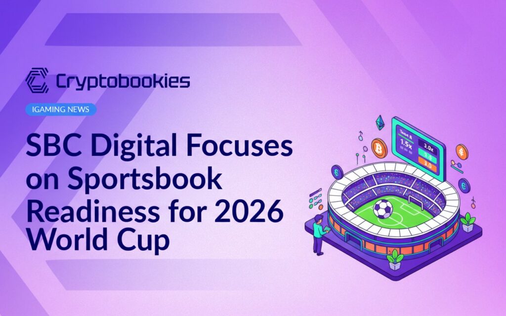 A digital sportsbook interface displaying soccer betting options overlaid on a stylized 2026 World Cup logo and soccer field background.