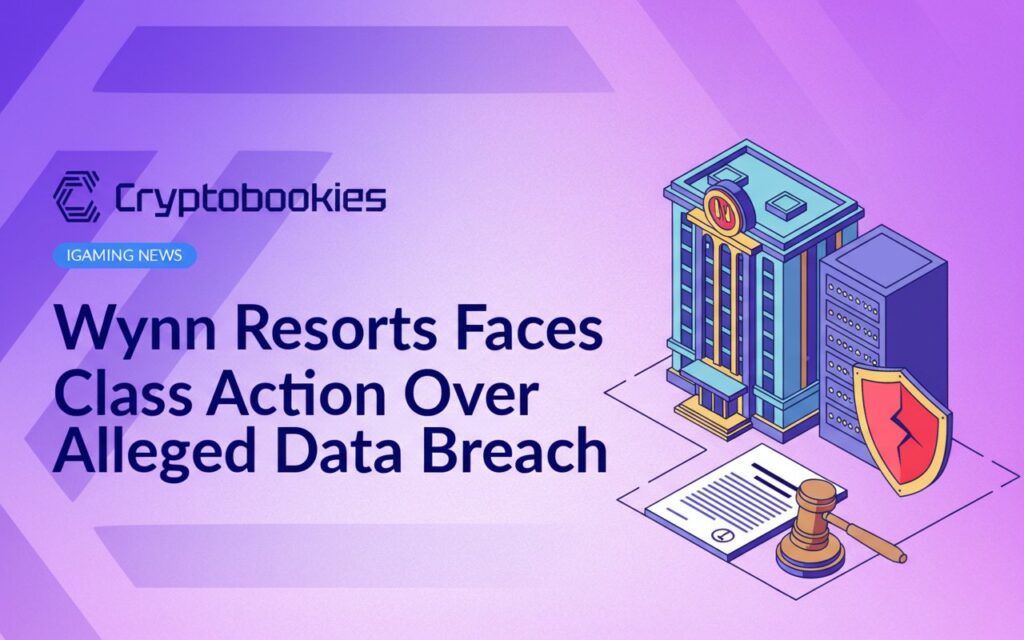 Hotel building beside a server rack with a cracked shield icon and a legal document with a gavel on a blue background