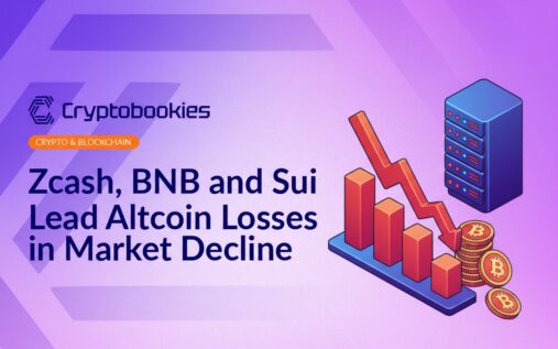 Downward red bar chart with arrows, leaning stack of digital coins, and a server tower with blinking lights on dark background