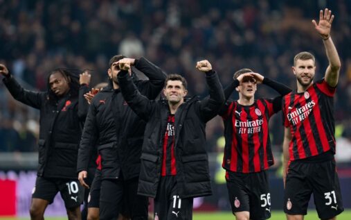 AC Milan players celebrating their crucial Serie A derby victory over Inter Milan