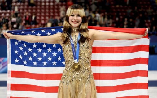 Alysa Liu performing on the ice during her gold medal winning routine at the Milan Cortina Winter Olympics