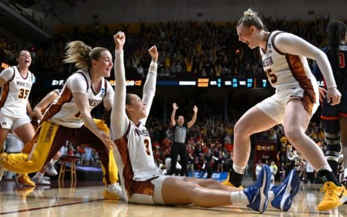 Amaya Battle of the Minnesota Gophers celebrates hitting the game-winning shot against Ole Miss in the NCAA tournament