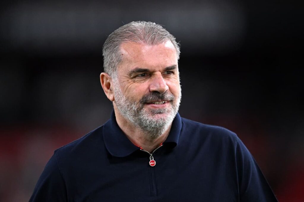 Former Tottenham manager Ange Postecoglou looking concerned during a Premier League football match