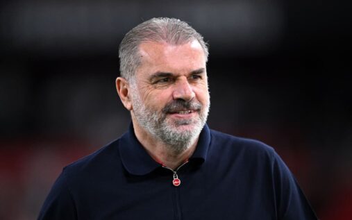 Former Tottenham manager Ange Postecoglou looking concerned during a Premier League football match