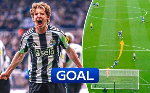 Anthony Gordon celebrating after scoring the opening goal for Newcastle United against Sunderland