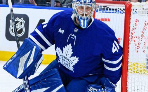 Toronto Maple Leafs goaltender Anthony Stolarz looking on during an NHL game