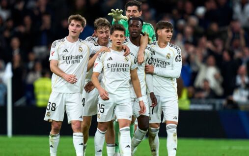 Arda Guler celebrates scoring from his own half for Real Madrid against Elche at the Bernabeu
