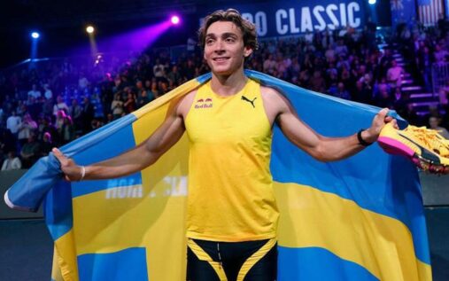 Armand Duplantis celebrating after breaking the pole vault world record at the Mondo Classic in Uppsala