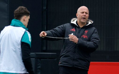 Liverpool manager Arne Slot looking focused on the touchline during a European football match