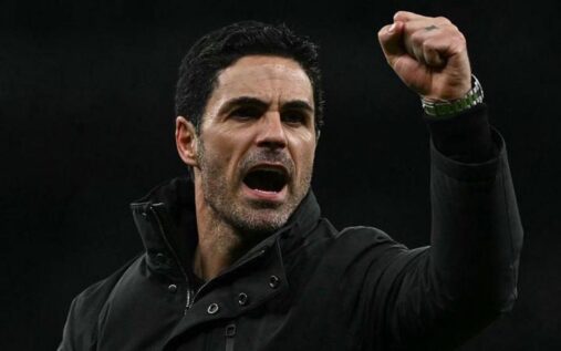 Arsenal manager Mikel Arteta gesturing to his players from the touchline during a Premier League match