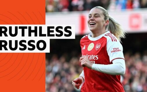 Arsenal forward Alessia Russo celebrating a goal against Tottenham