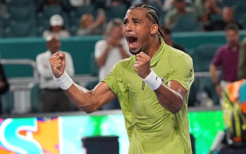 Arthur Fils celebrating a dramatic victory at the Miami Open by lifting his shirt over his head