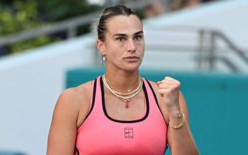 Aryna Sabalenka lifting the Miami Open trophy after defeating Coco Gauff