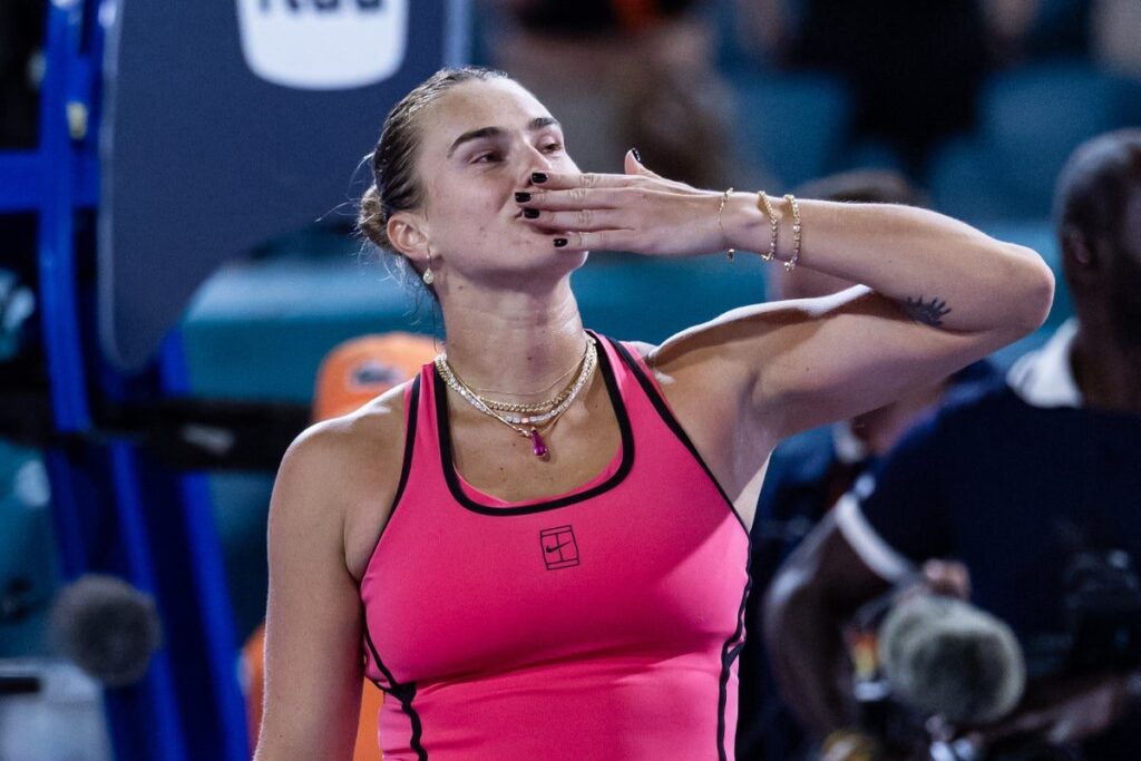 Aryna Sabalenka celebrating a point during her straight-sets victory at the Miami Open