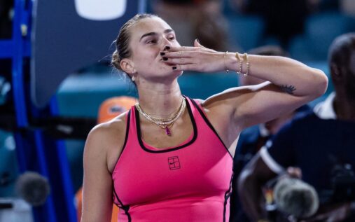 Aryna Sabalenka celebrating a point during her straight-sets victory at the Miami Open