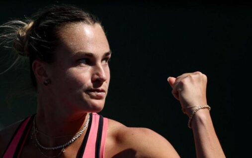 Aryna Sabalenka hitting a forehand during her Indian Wells match against Jaqueline Cristian