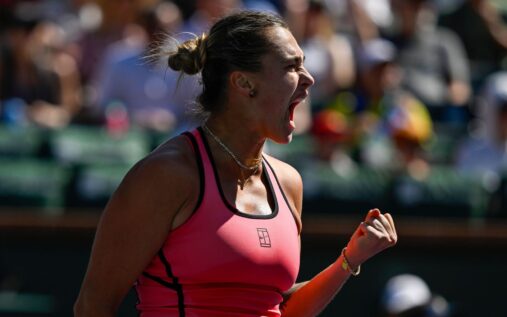 Aryna Sabalenka hitting a forehand on court at the Indian Wells tennis tournament
