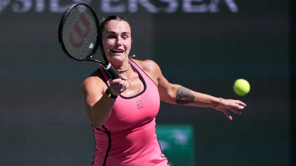 Aryna Sabalenka hitting a powerful forehand during her Indian Wells quarter-final match